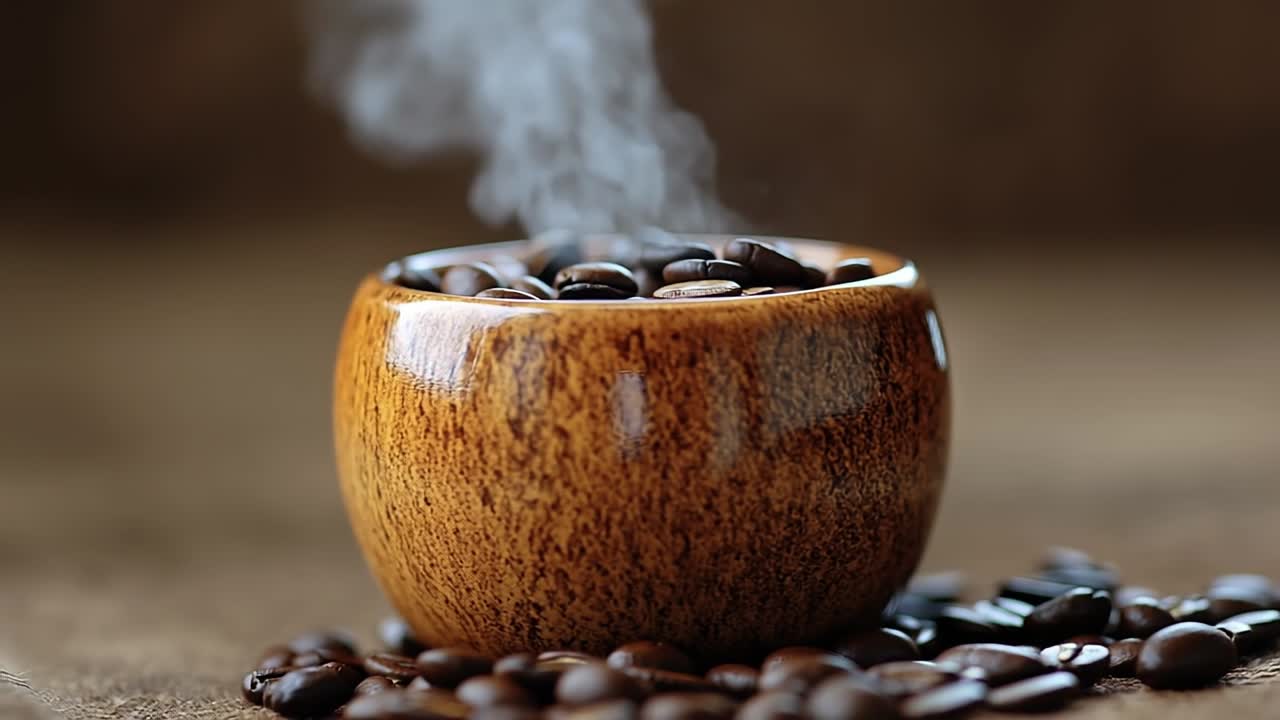 Freshly brewed coffee in a wooden cup. Steam rises from a wooden cup filled with dark roasted coffee beans on a rustic surface.