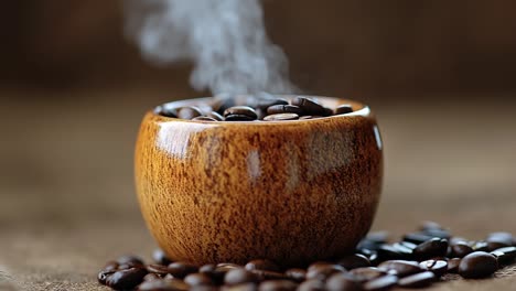 freshly brewed coffee in a wooden cup. steam rises from a wooden cup filled with dark roasted coffee beans on a rustic surface.