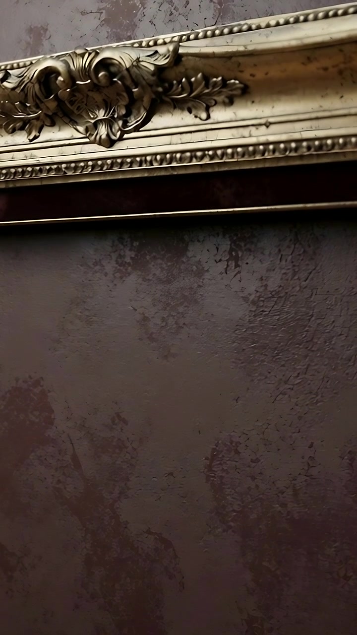 Video verticale: Panoramica della telecamera da un ornamento che scende lungo una cornice dorata su una parete dell'ingresso, mostrando la finitura.