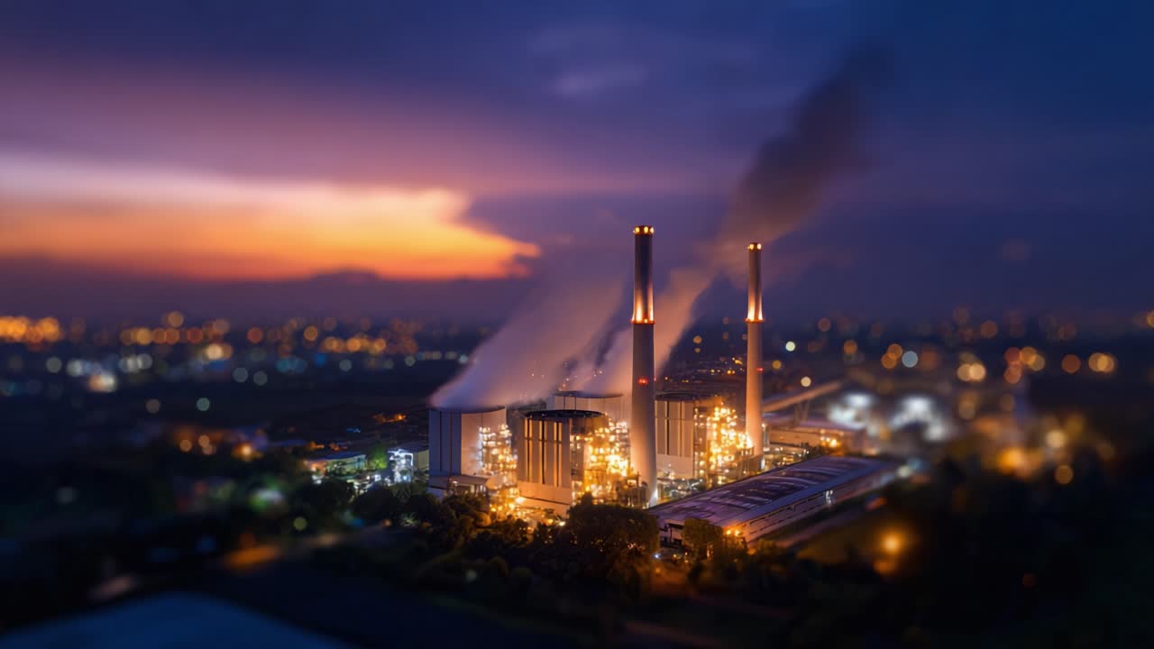 Illuminated Power Plant at Dusk: A Captivating View of Industrial ...