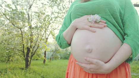 Schwangere-Frau-Umarmt-Den-Bauch-Mit-Blumen-In-Den-Händen