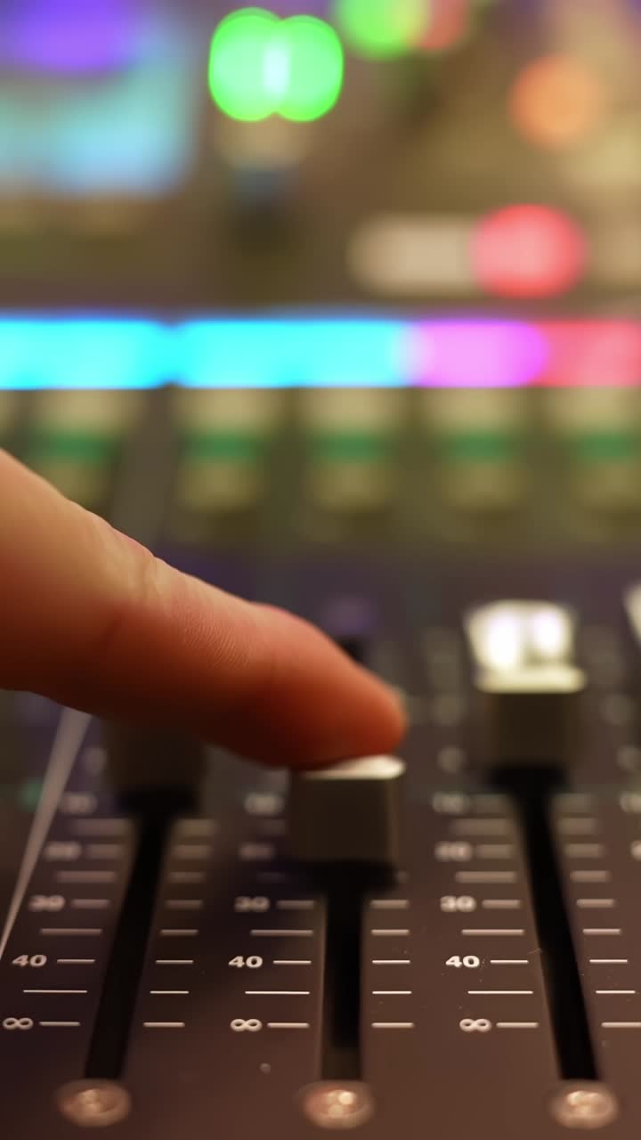 Vertical close-up of a finger turning down a fader on a professional mixing board with colorful LED bokeh. Live show control, broadcasting setup, and studio workflow