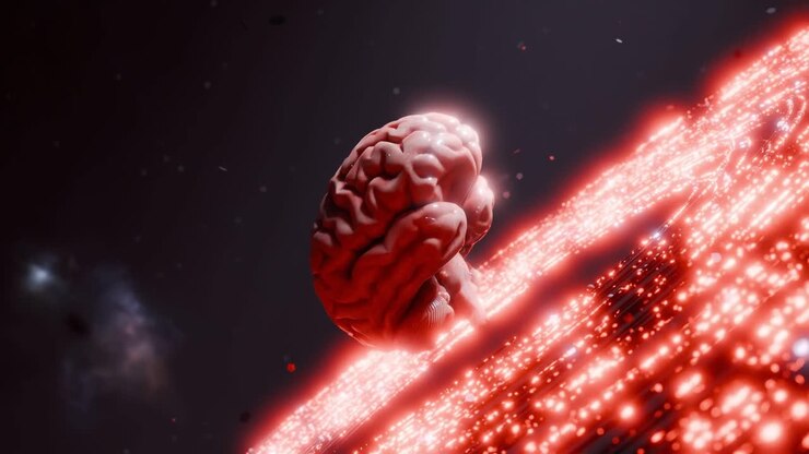 Human brain floating above glowing red digital surface in dark space. Artificial intelligence and neural network concept. Design for poster, banner, wallpaper, header