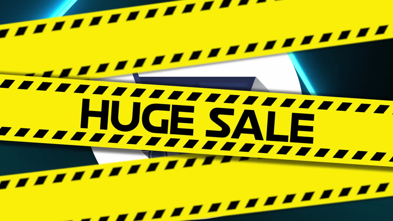 노란색 위험 테이프에 거대한 판매 텍스트의 애니메이션, 녹색 연기와 검은색에 쇼핑 카트