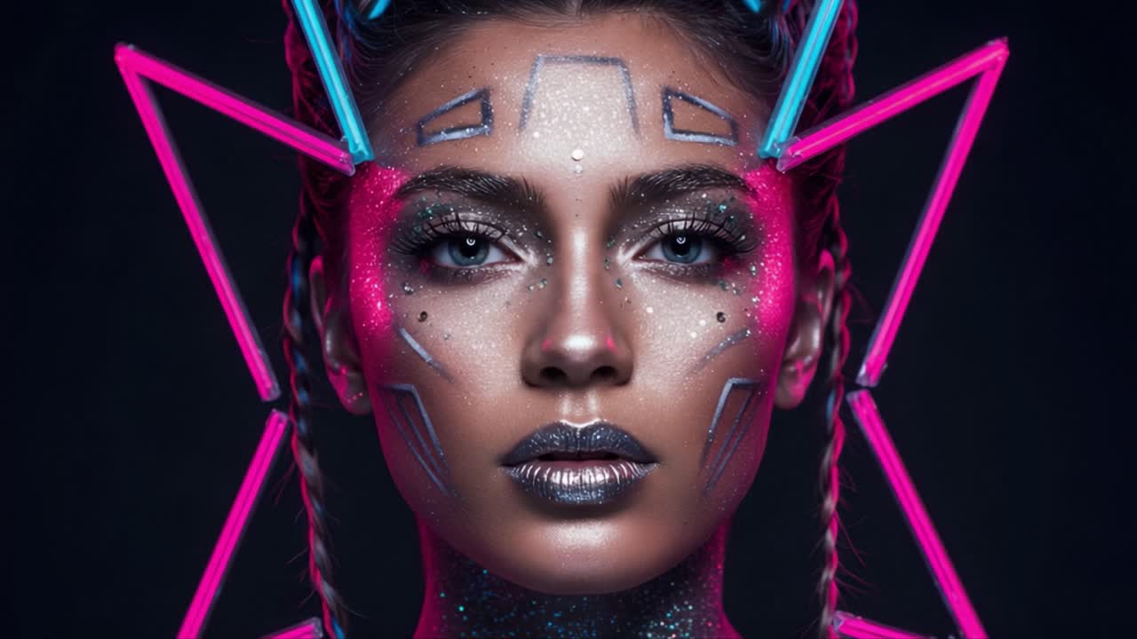 Futuristic Beauty Portrait: Vibrant Neon Makeup and Striking Facial Artistry Captured in Stunning Detail, Showcasing Innovative Use of Colors and Design