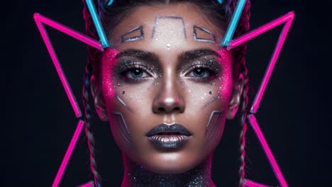 futuristic beauty portrait: vibrant neon makeup and striking facial artistry captured in stunning detail, showcasing innovative use of colors and design