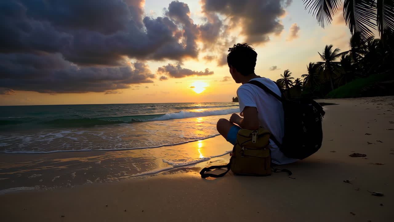 Person watches a beautiful sunset over the ocean from a tropical beach