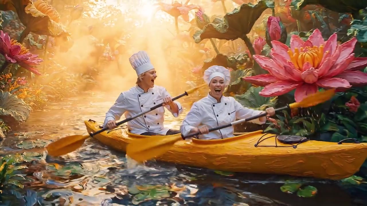 Due chef che fanno kayak con gioia attraverso una giungla lussureggiante e vibrante, piena di fiori esotici e luce solare, creando un'atmosfera serena e stravagante nella natura.