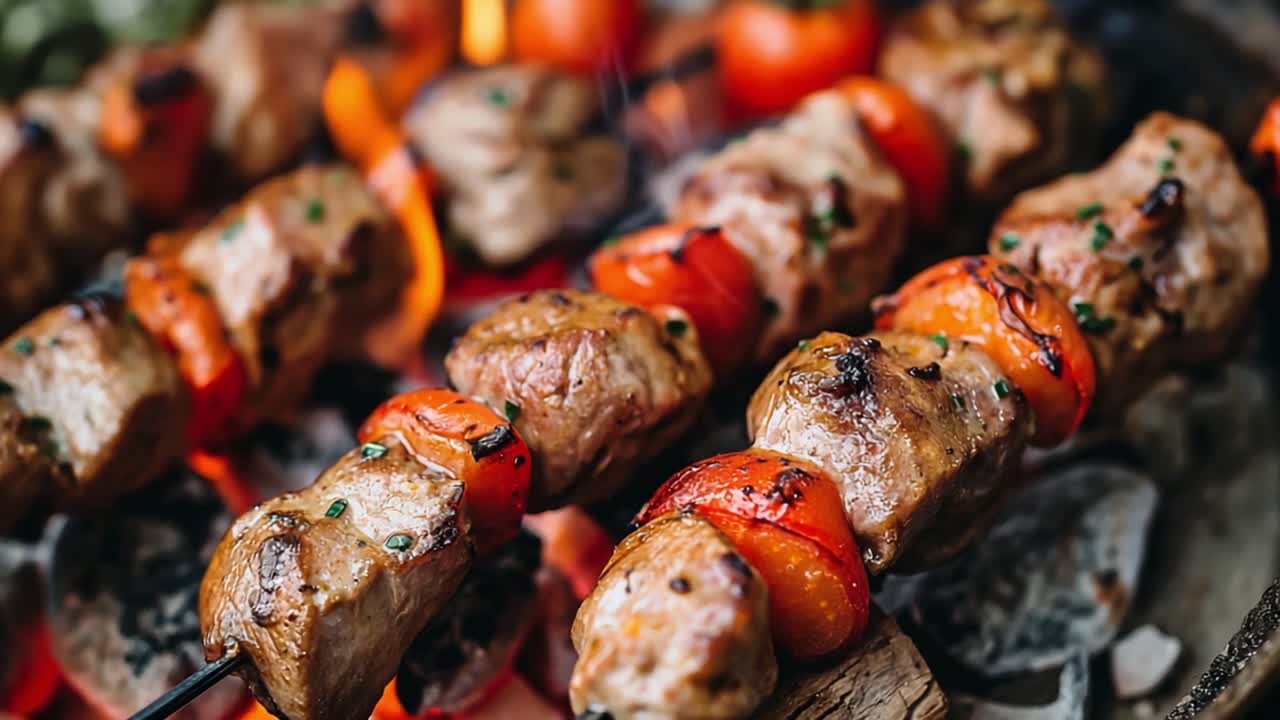 Pieces of tender meat and vibrant red bell peppers skewered and grilling over hot coals, filling the air with smoky aromas and creating a delicious barbecue scene perfect for summer gatherings