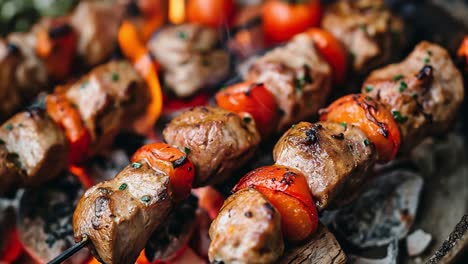 pieces of tender meat and vibrant red bell peppers skewered and grilling over hot coals, filling the air with smoky aromas and creating a delicious barbecue scene perfect for summer gatherings