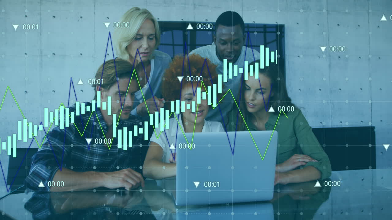 Animation of financial data processing over diverse business people in office with laptop