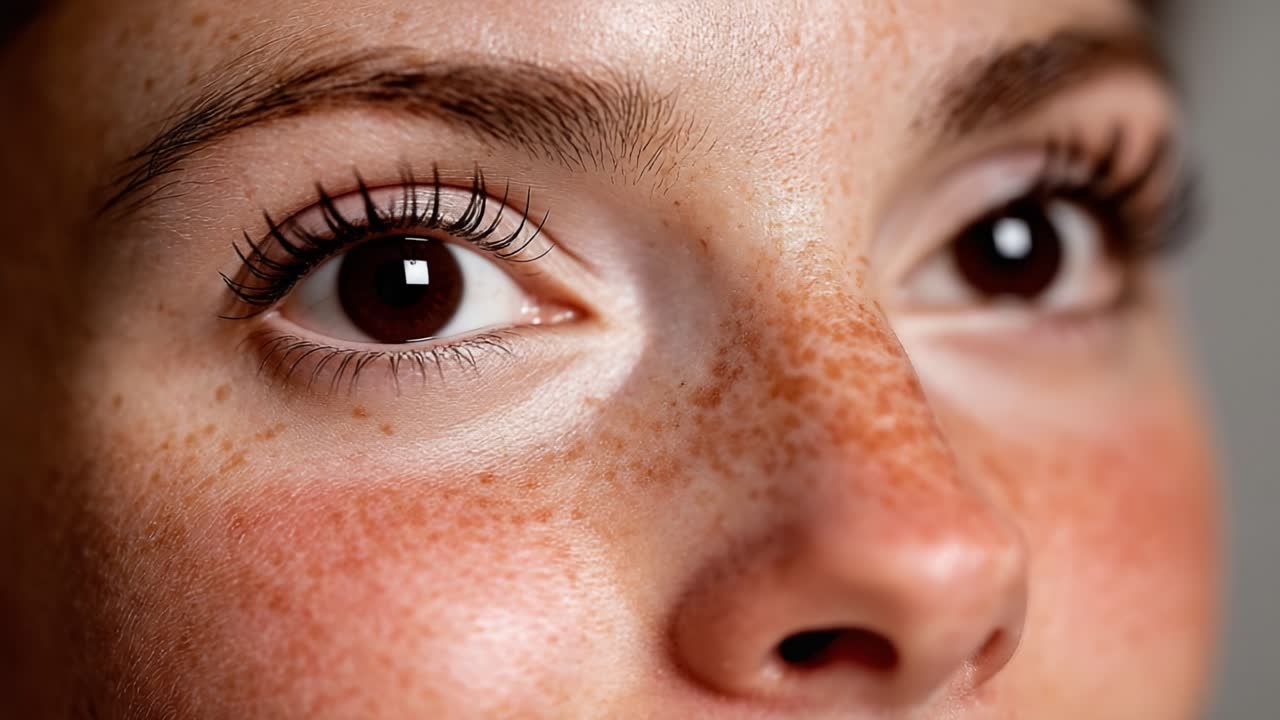 A Close-Up Portrait of a Smiling Individual with Freckles, Capturing the Essence of Natural Beauty and Joy in a Moment of Serenity and Happiness