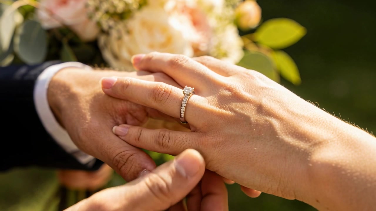 Reaching groom placing diamond ring, band on bride's finger at wedding, cuff bouquet marking union