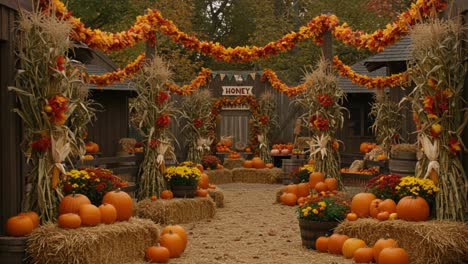 an enchanting fall pathway adorned with vibrant pumpkins, colorful flowers and festive decorations, creating a cozy autumn atmosphere in a rustic setting