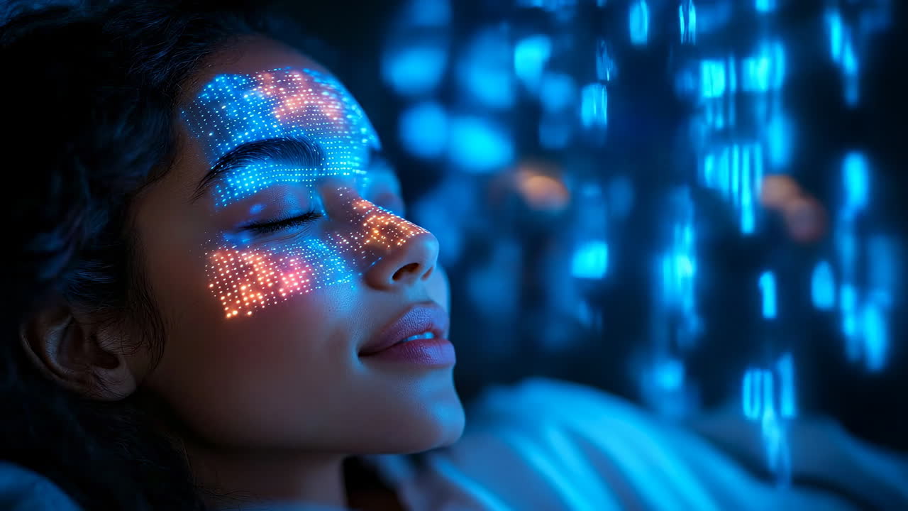 Digital art display on a woman's face. A woman relaxes with blue and orange digital patterns projected on her face, creating an artistic look while she rests
