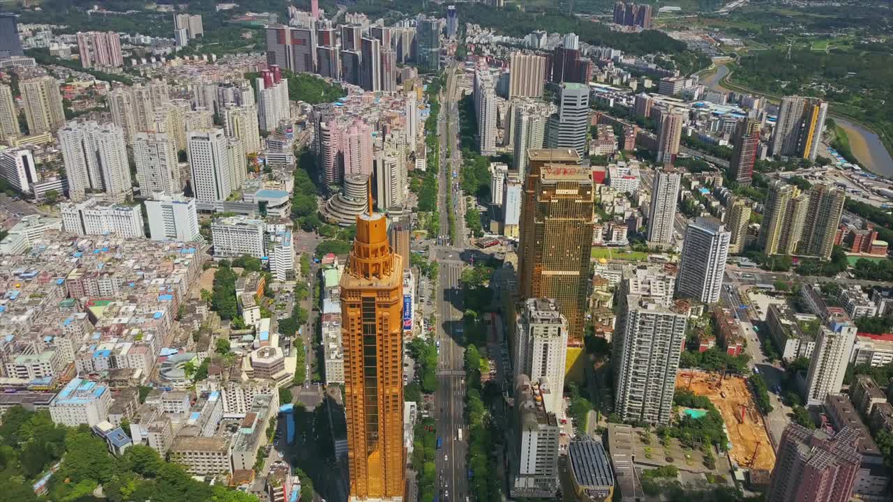 china día soleado paisaje de la ciudad de shenzhen edificio dorado tráfico carretera panorama aéreo 4k