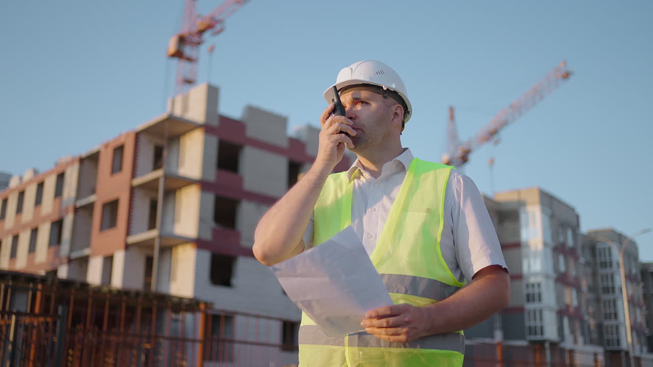 jefe de obra con casco y chaleco hablando por walkie-talkie con los constructores de pie en el sitio de construcción rastreando el disparo. ingenieros expertos en construcción hablando usando una radio con algunos constructores increíble luz solar.