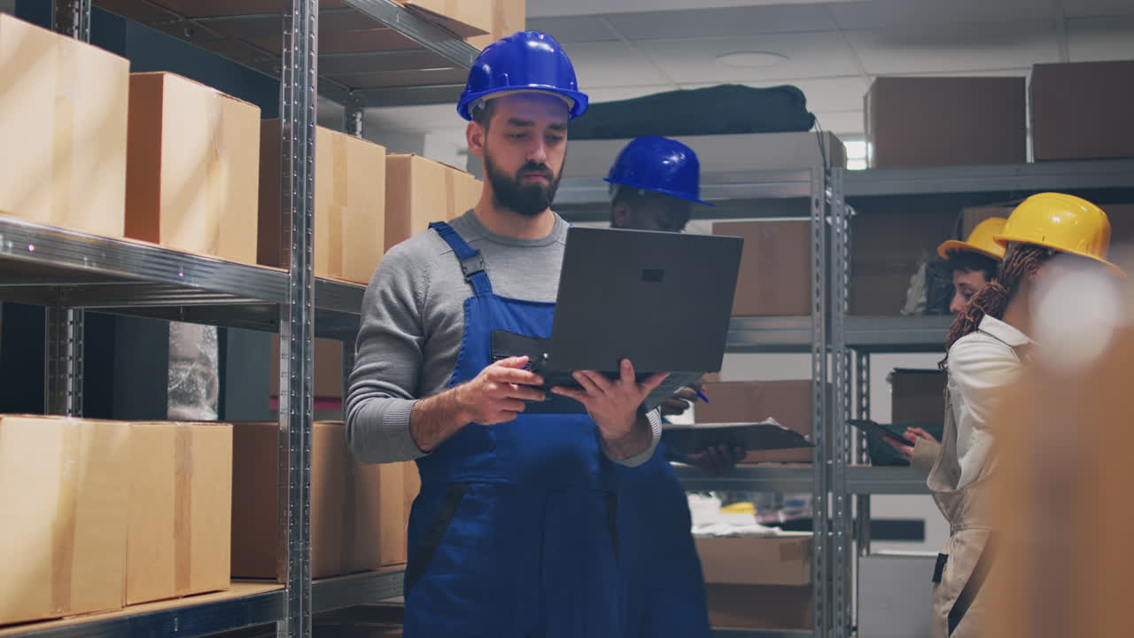 trabajador de almacén comprobando el inventario con una computadora portátil
