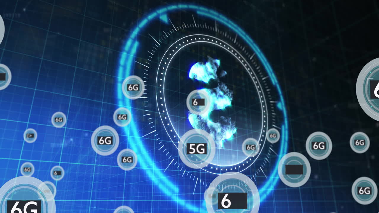Animation of 5G and 6G symbols over blue digital network background
