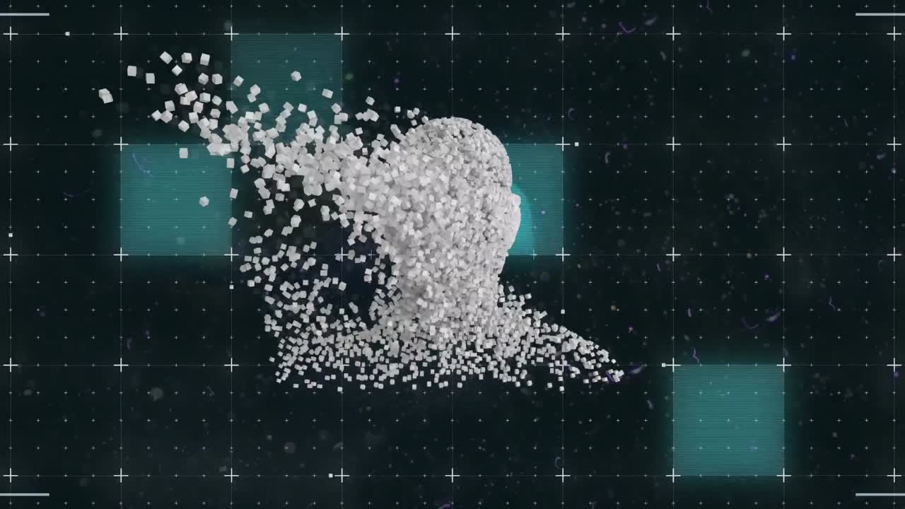Animation of human bust formed with grey particles with flickering rectangles and squares
