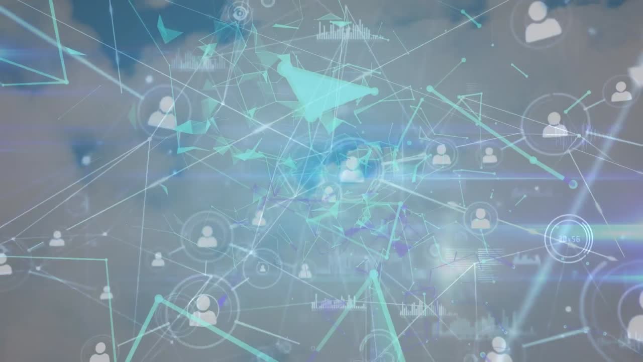 하늘 위의 아이콘으로 연결 네트워크의 애니메이션