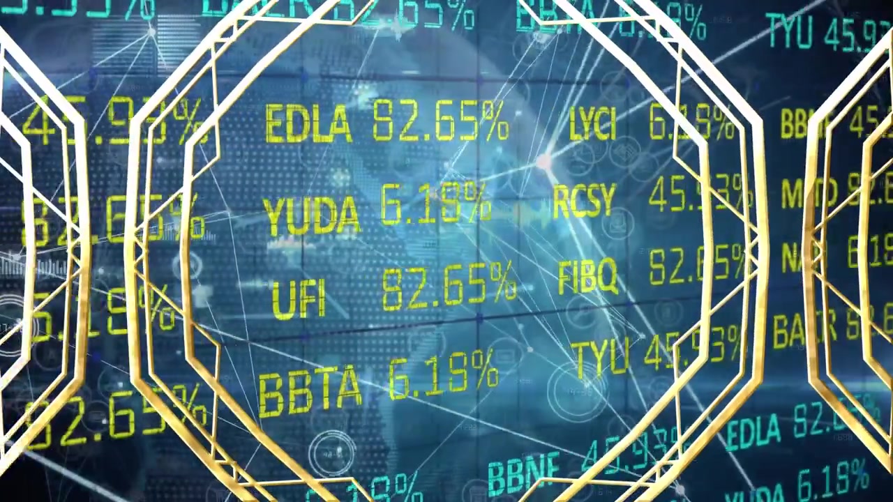 Visualizzazione digitale di dati finanziari del mercato azionario con sovrapposizione geometrica