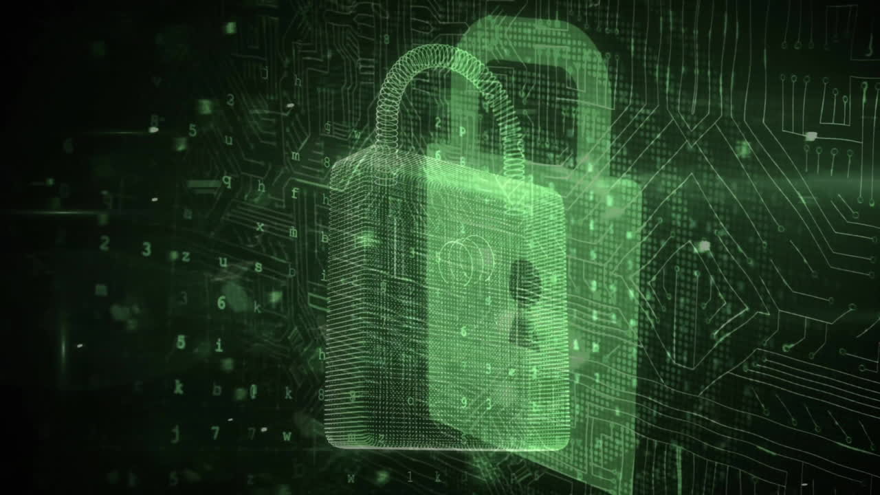 animación del icono del candado y procesamiento de datos sobre fondo negro