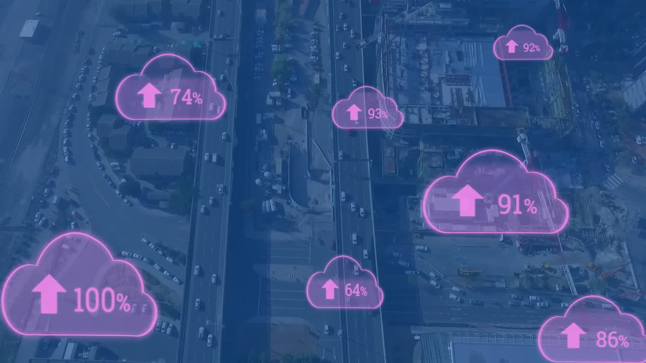 Floating cloud icons with percentage data over busy urban highway animation scene
