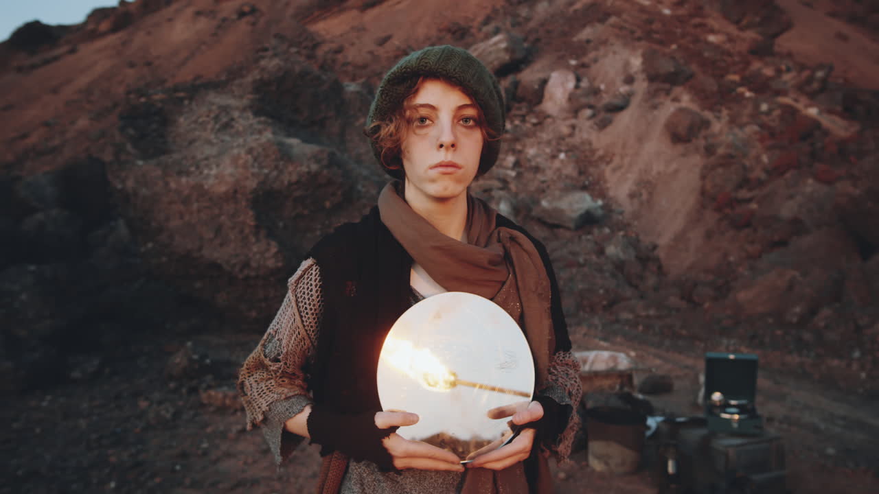 mujer con espejo posando para la cámara en un mundo distópico