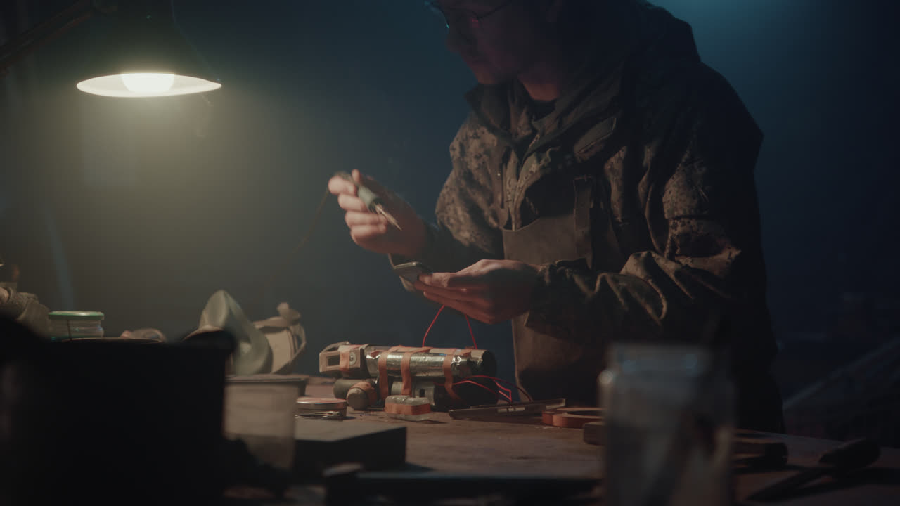 A bombmaker assembles a bomb in his workshop at night