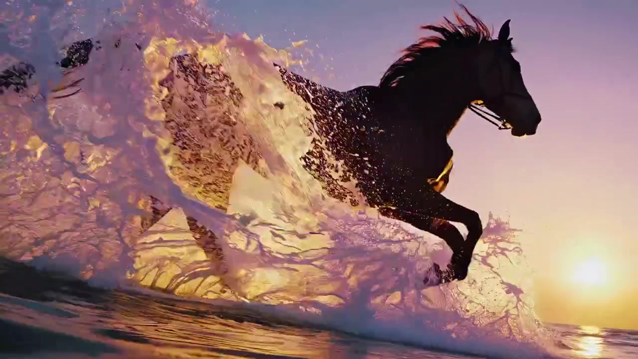 Majestic Horse Running Through Ocean Waves at Sunset