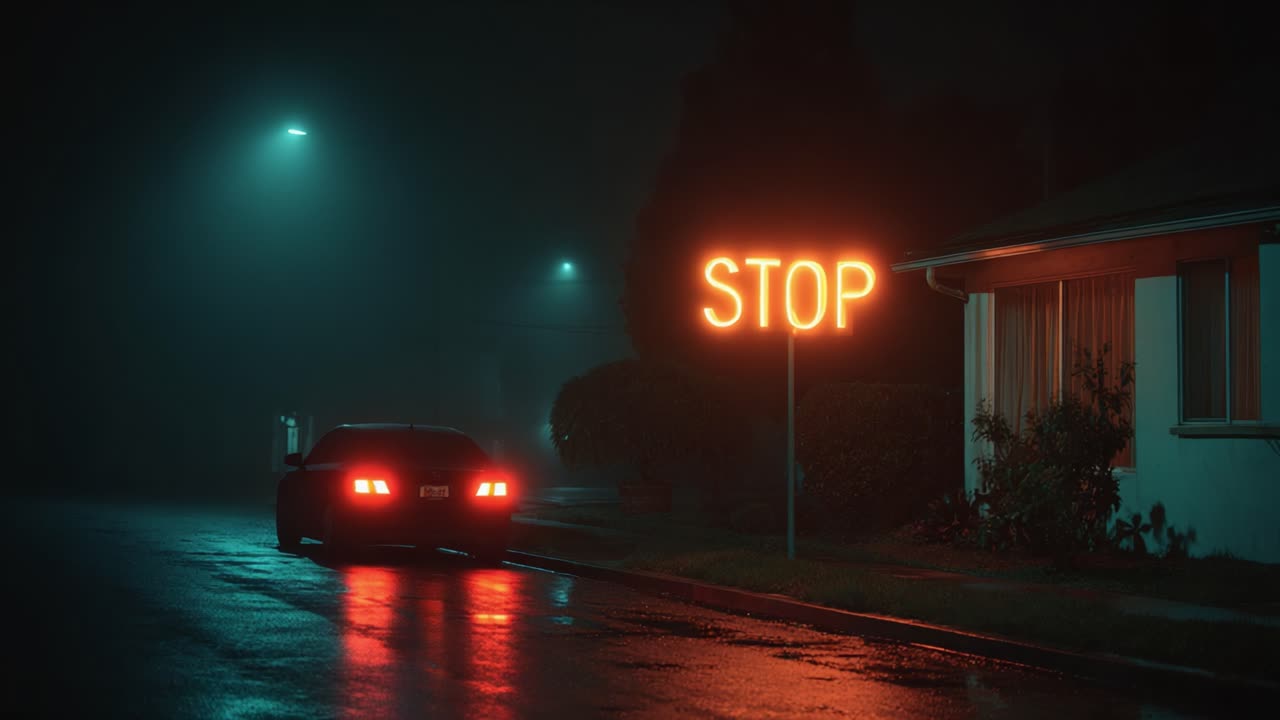 A Mysterious Night: An Illuminated STOP Sign in a Foggy Residential Area with a Car Parked on a Rain-Soaked Street