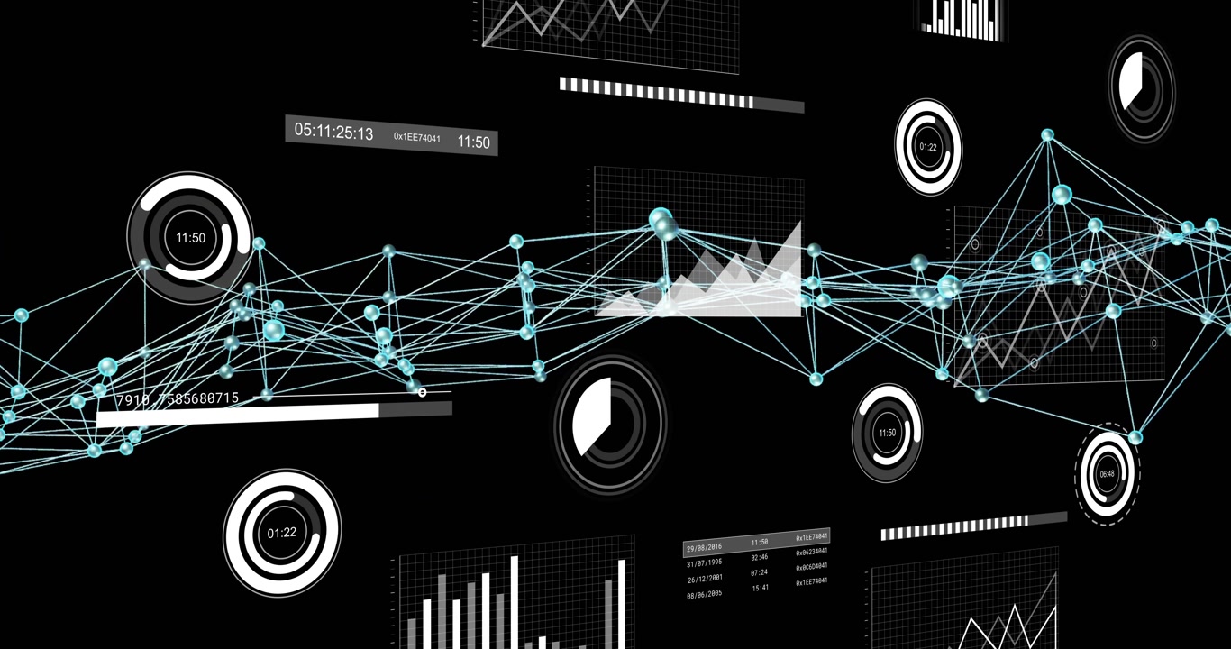 Scene opening launching turquoise network nodes pulsing, visualizing changes and updating charts