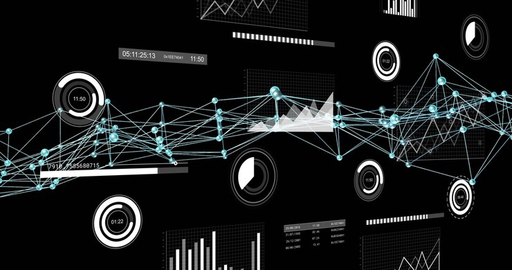 Scene opening launching turquoise network nodes pulsing, visualizing changes and updating charts