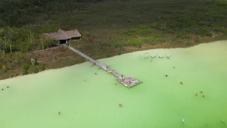 Aerial-descending-footage-of-people-relaxing-in-green-water.-Lake-in-tropical-forest.-Wooden-pier-above-water.-Kaan-Luum-lagoon,-Tulum,-Yucatan,-Mexico