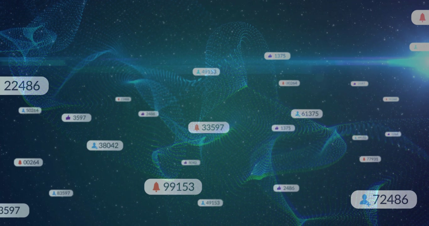 Starting with starry wave mesh, floating icon labels appearing and fading visualizing trends