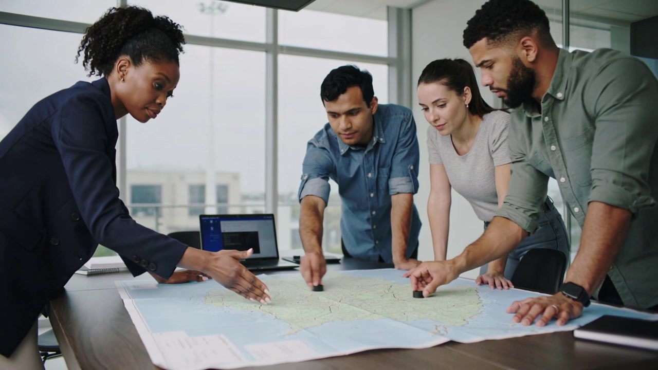 Unrolling map urging business team of four at conference table, nudging markers and checking laptop