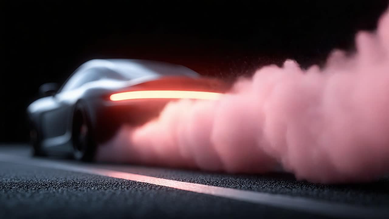 A sleek sports car accelerates into the night, leaving a dramatic trail of smoke in its wake, showcasing the power and elegance of modern automotive engineering