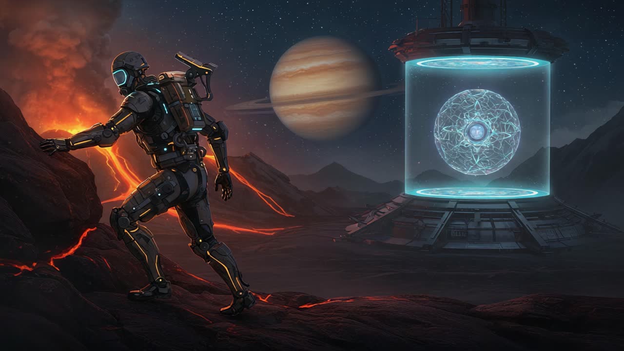 A Futuristic Exploration of Volcanic Landscapes on a Distant Planet, Featuring an Advanced Robot and Mysterious Energy Sphere under a Starry Sky