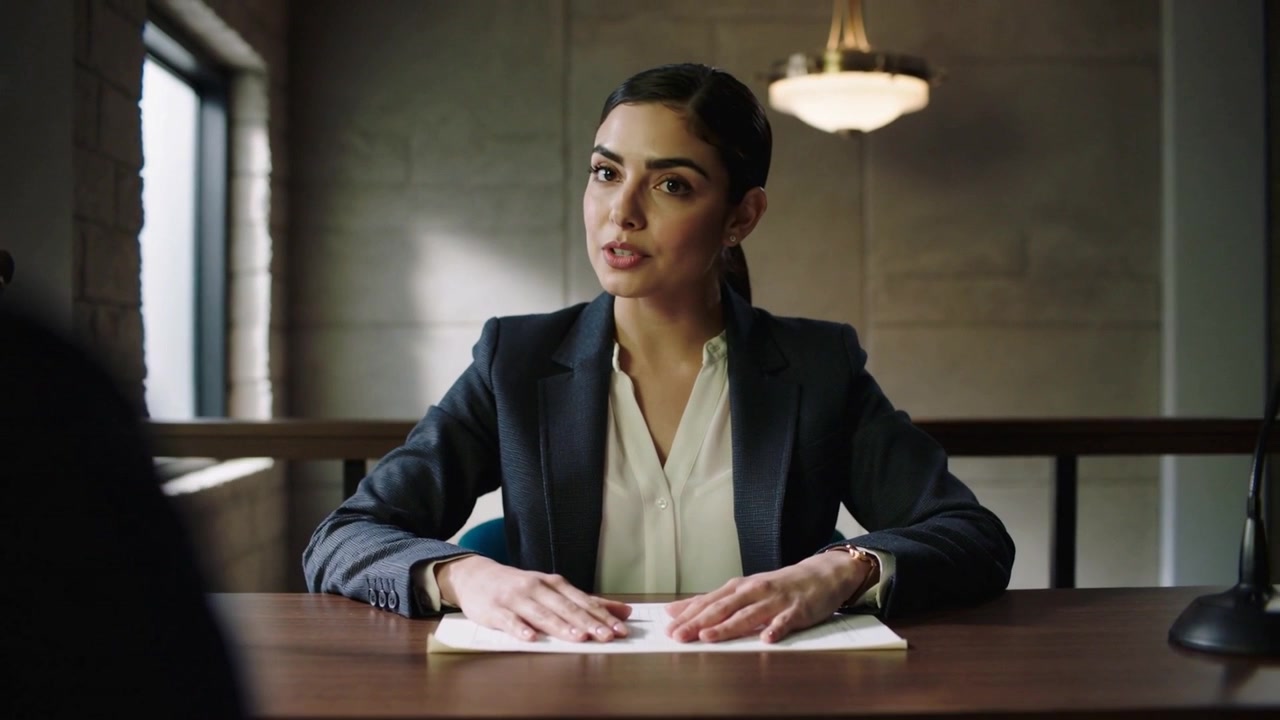 Mujer con blazer azul marino y blusa blanca organizando una carpeta, preparando notas y hablando en una mesa de reuniones.