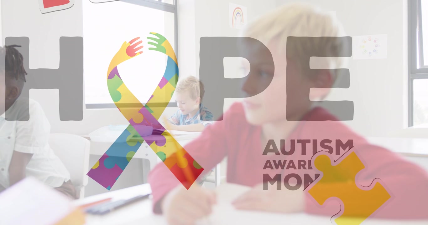 Animación de texto e iconos del mes de la concienciación sobre el autismo y la esperanza sobre escolares diversos.
