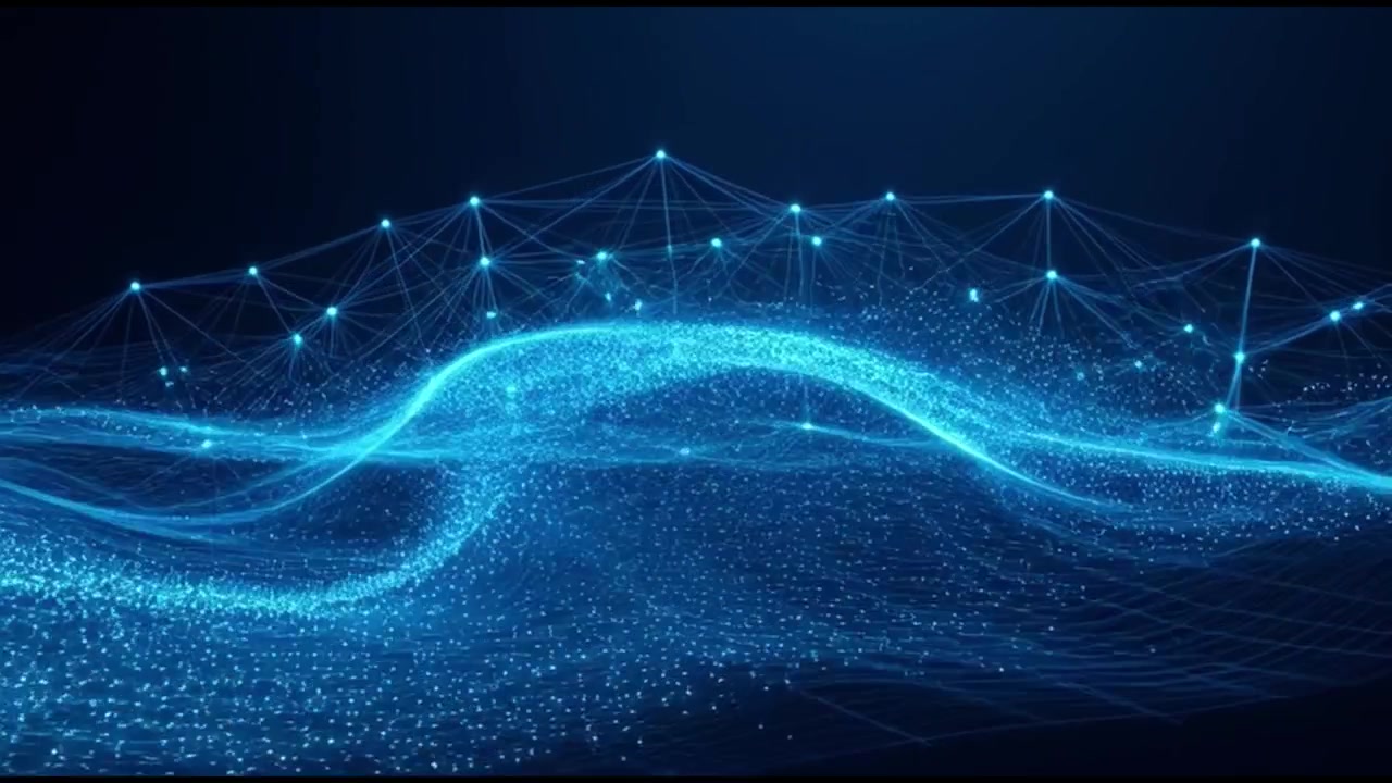 Abstract Digital Wave of Glowing Particles and Network Connections
