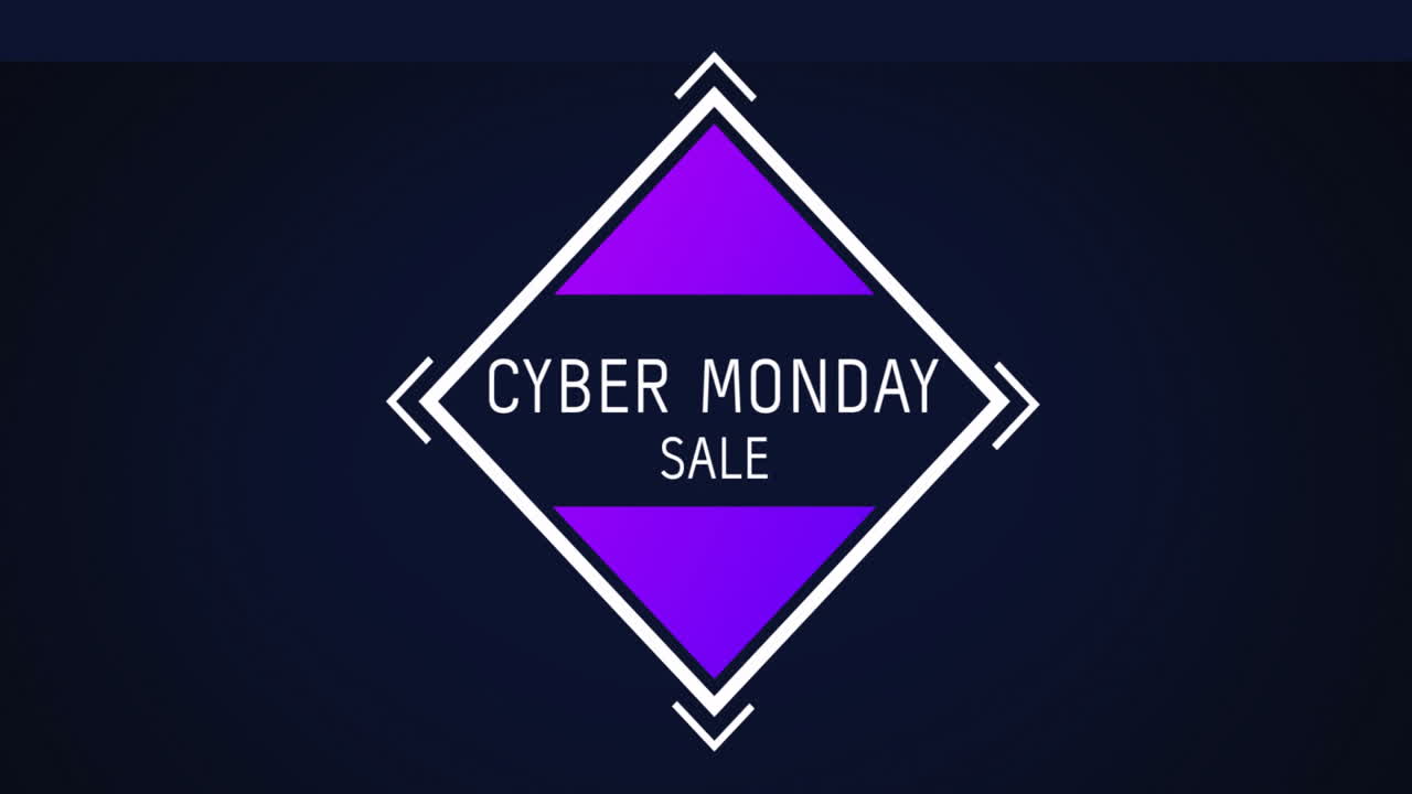 Cyber Monday Sale text animation over purple diamond shape on dark background