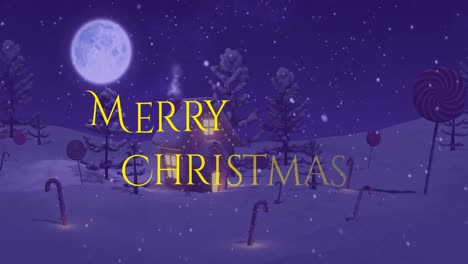 Animation-of-christmas-greetings-text-over-full-moon,-snow-and-house-in-winter-scenery