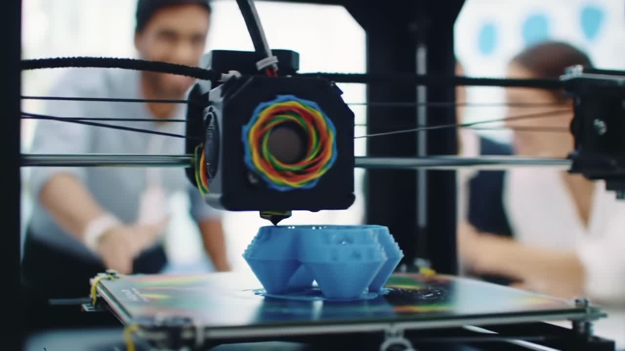 Innovative 3D Printing Process Captured: An Intriguing Close-Up View of a 3D Printer Creating Complex Shapes While Enthusiastic Observers Engage in the Background
