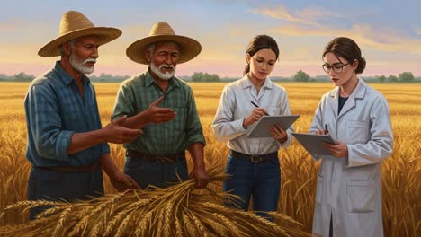 farmers collaborate with researchers in golden wheat fields: a journey of agricultural innovation and sustainable practices to enhance crop yields and food security