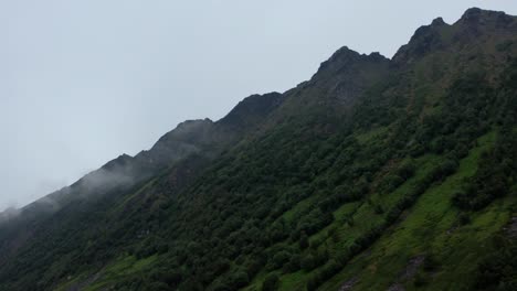 Bosque-De-Montaña-En-Una-Mañana-Brumosa-En-La-Bahía-De-Leikvika-Cerca-De-Flakstadvag,-Noruega