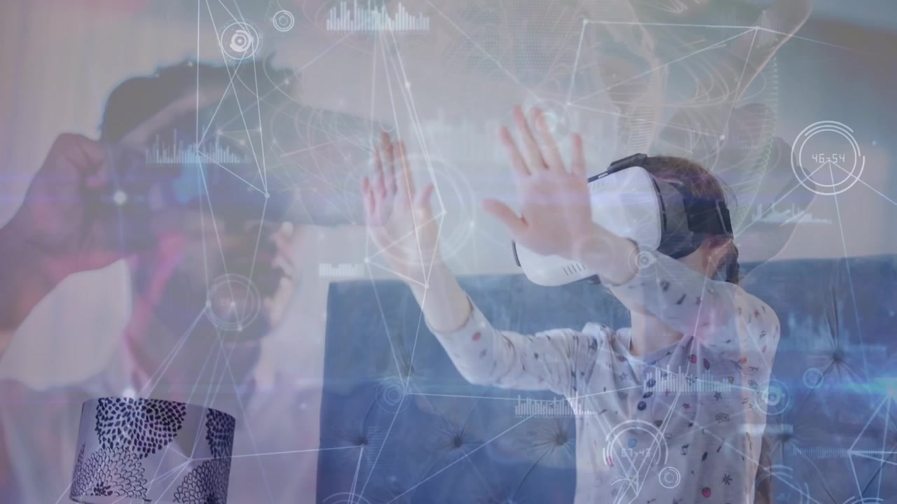 Animation af databehandling over en kaukasisk pige og mand, der bruger VR-headset.