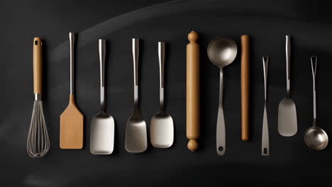various kitchen utensils arranged on a dark background
