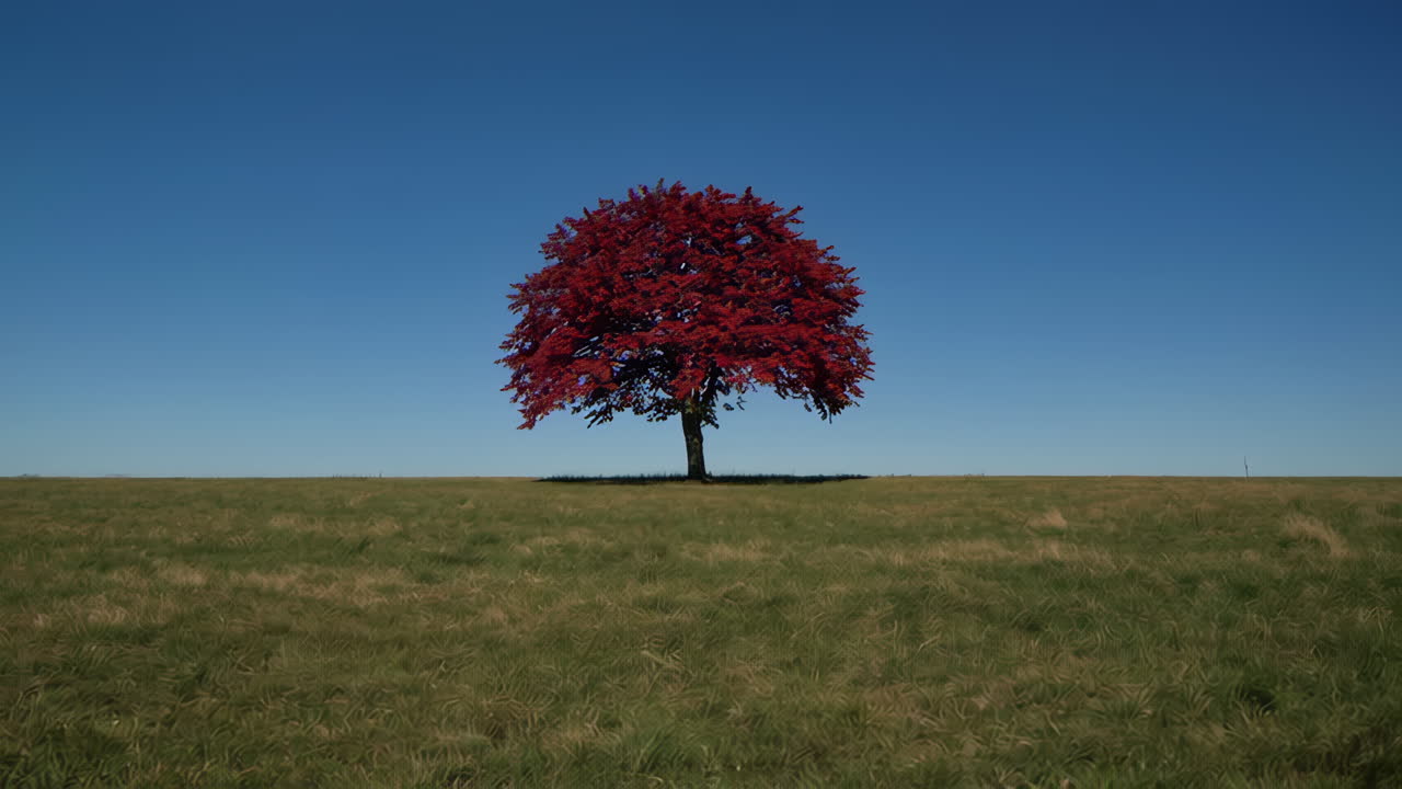 Red Autumn Tree in a Field